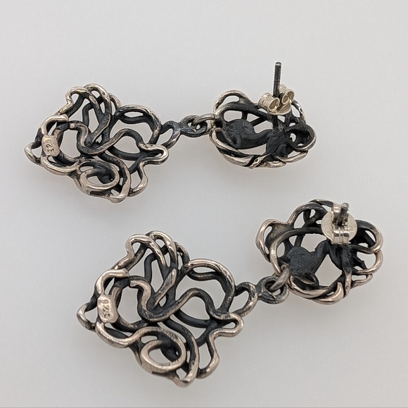 Two Tone Brushed Sterling Silver Dangle Earrings - Picture 5 of 6